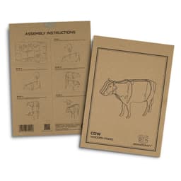 Assembly instructions for a wooden cow model, featuring line drawings on a brown cardboard background.