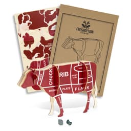 A wooden model of a cow in brown and cream, featuring labelled cuts of meat, with packaging behind it.