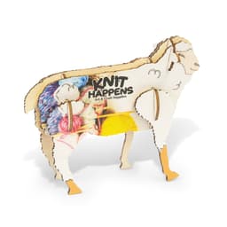 A wooden model of a sheep with colourful yarn decorations, featuring a logo on its side.