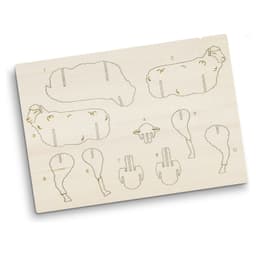 A wooden model kit featuring sheep-shaped pieces in natural wood colour, ready for assembly.