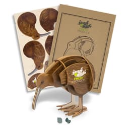 A wooden Kiwi model in natural tones, accompanied by instructional sheets. The product features a branding logo.