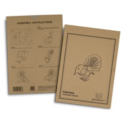 A brown cardboard package featuring assembly instructions and illustrations for a Fantail wooden model.