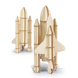 A wooden model of a rocket ship in natural wood tones, featuring multiple rocket stages and fins.