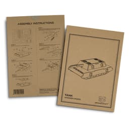 A cardboard package containing assembly instructions for a wooden tank model, featuring a simple design and branding.