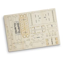 A wooden model kit featuring pre-cut pieces for assembly, showing various shapes and components in a light wood finish.