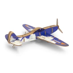 A wooden model aeroplane with blue wings featuring cloud designs and a brown body, displaying a logo.