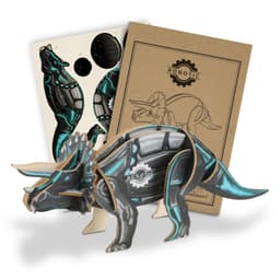 A Triceratops wooden model in black and blue, accompanied by assembly sheets and a branded packaging.