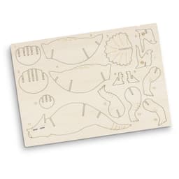 A wooden model kit featuring intricately cut pieces to assemble a triceratops, showcasing a natural light wood colour.