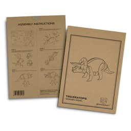 Assembly instructions for a BRANDCRAFT Triceratops wooden model, featuring step-by-step diagrams on a brown cardboard background.