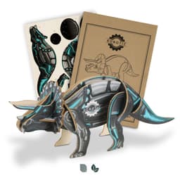 A wooden Triceratops model in black and blue, accompanied by assembly instructions and a design sheet.