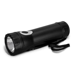 A black rechargeable torch with a strap and a silver button, featuring a bright light at one end.