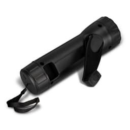 A black rechargeable torch with a wrist strap and a clip, designed for convenience and portability.