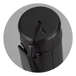 A black rechargeable torch with a charging port on the top and a strap for easy carrying.