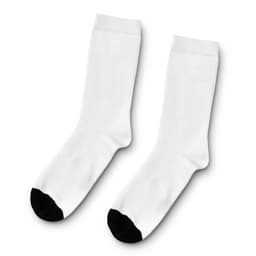 A pair of white crew socks with black toe caps, featuring a logo on one sock.