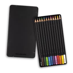 A collection of twelve coloured pencils in a black metal case, featuring a logo.