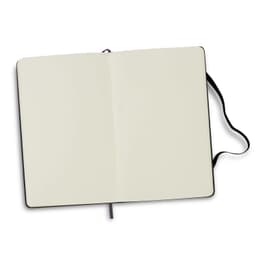A blank Moleskine sketchbook with black cover, featuring a ribbon bookmark and elastic closure.