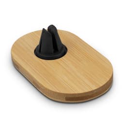 A bamboo car phone holder featuring a black rubber grip and an oval base, ideal for mounting mobile devices.