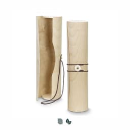 A wooden wine tube in natural light wood, featuring a leather tie and an internal compartment. It also has a logo.