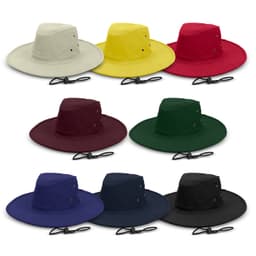 A wide brim hat collection in yellow, red, khaki, dark green, burgundy, navy, and black, featuring eyelets and a strap.