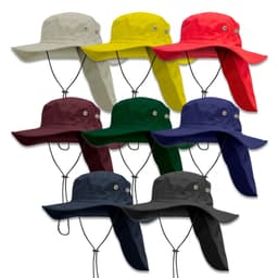 A selection of Legionnaire wide brim hats in grey, yellow, red, green, burgundy, navy, and black, featuring a logo.