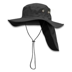 A wide-brim black hat featuring side buttons and a neck flap, designed for sun protection, with a drawstring.