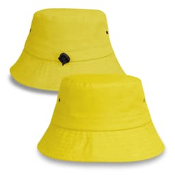 A bright yellow bucket hat with a logo, featuring a wide brim and smooth fabric.