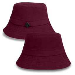 A burgundy bucket hat with a classic wide brim and a decorative accent. The hat features a logo on the side.