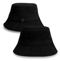 A black bucket hat featuring a textured design with a logo and subtle detailing on the band.
