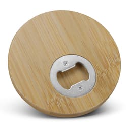 A round bamboo bottle opener coaster featuring a silver bottle opener in the centre.