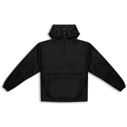 A black windbreaker jacket with a hood and a front pocket, featuring a branding logo.