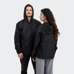 A black windbreaker jacket with a hood, featuring a front pocket and a logo, displayed on two models.