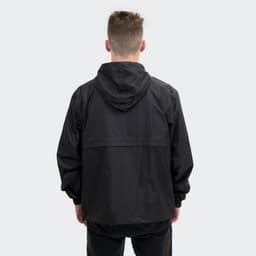 A black men's windbreaker jacket with a hood, featuring a simple design and a logo.