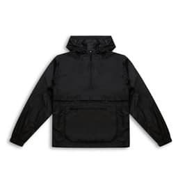 A black women's windbreaker jacket featuring a hood and a front pocket. It has a logo on the design.