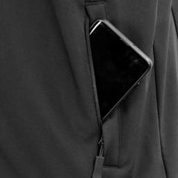 A black men's vest with a zippered pocket, holding a smartphone. The vest features a logo.