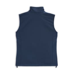 A navy women's vest with a high collar and no sleeves, featuring a sleek, smooth design and a subtle logo.