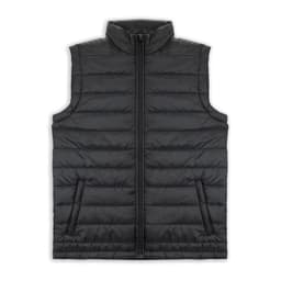 A black unisex puffer vest with a high collar and zip closure, featuring a logo on the front.