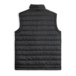 A unisex puffer vest in black with a quilted design and a high collar. It features a branding logo.