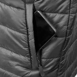 A black puffer vest with a smartphone partially tucked into a zippered side pocket. The vest has a textured finish.