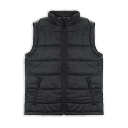 A black women's puffer vest with a front zipper and two side pockets, featuring a logo.
