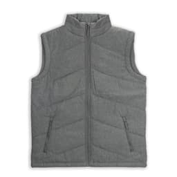 A grey puffer vest featuring a zip closure and side pockets. The vest has a chevron quilted pattern and a high collar.