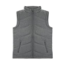 A grey puffer vest with a zip-up front and two side pockets, featuring a chevron quilted design.