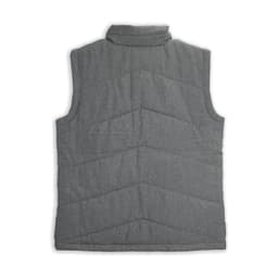 A grey women's puffer vest featuring a high collar and chevron quilted design, with a logo on the back.