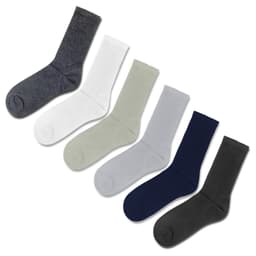 A collection of five pairs of crew socks in grey, white, light green, navy, and dark green, each featuring a logo.