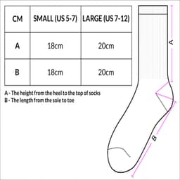 A diagram of socks with size measurements for small and large, including dimensions in centimetres.