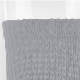 A pair of grey crew socks with a textured ribbed design, featuring a branding logo on the cuff.