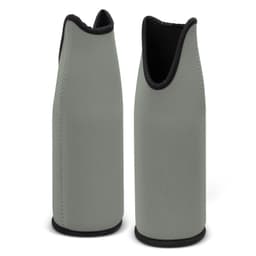 A drink bottle cooler in a muted green colour with a black trim, featuring a logo.
