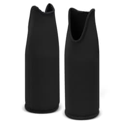 A drink bottle cooler in black, made from a sleek material with a streamlined design. Features a branding logo.