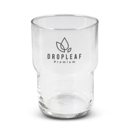 A clear glass tumbler featuring a logo, designed with a stackable shape, holds 460ml.
