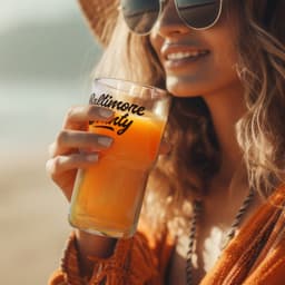 A stackable glass tumbler filled with orange juice, held by a woman wearing sunglasses and a sunhat.
