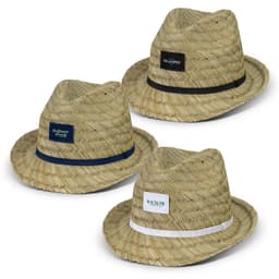 Three Antonio Fedora Hats in natural straw with varying bands: navy, black, and white. Each hat features a logo.